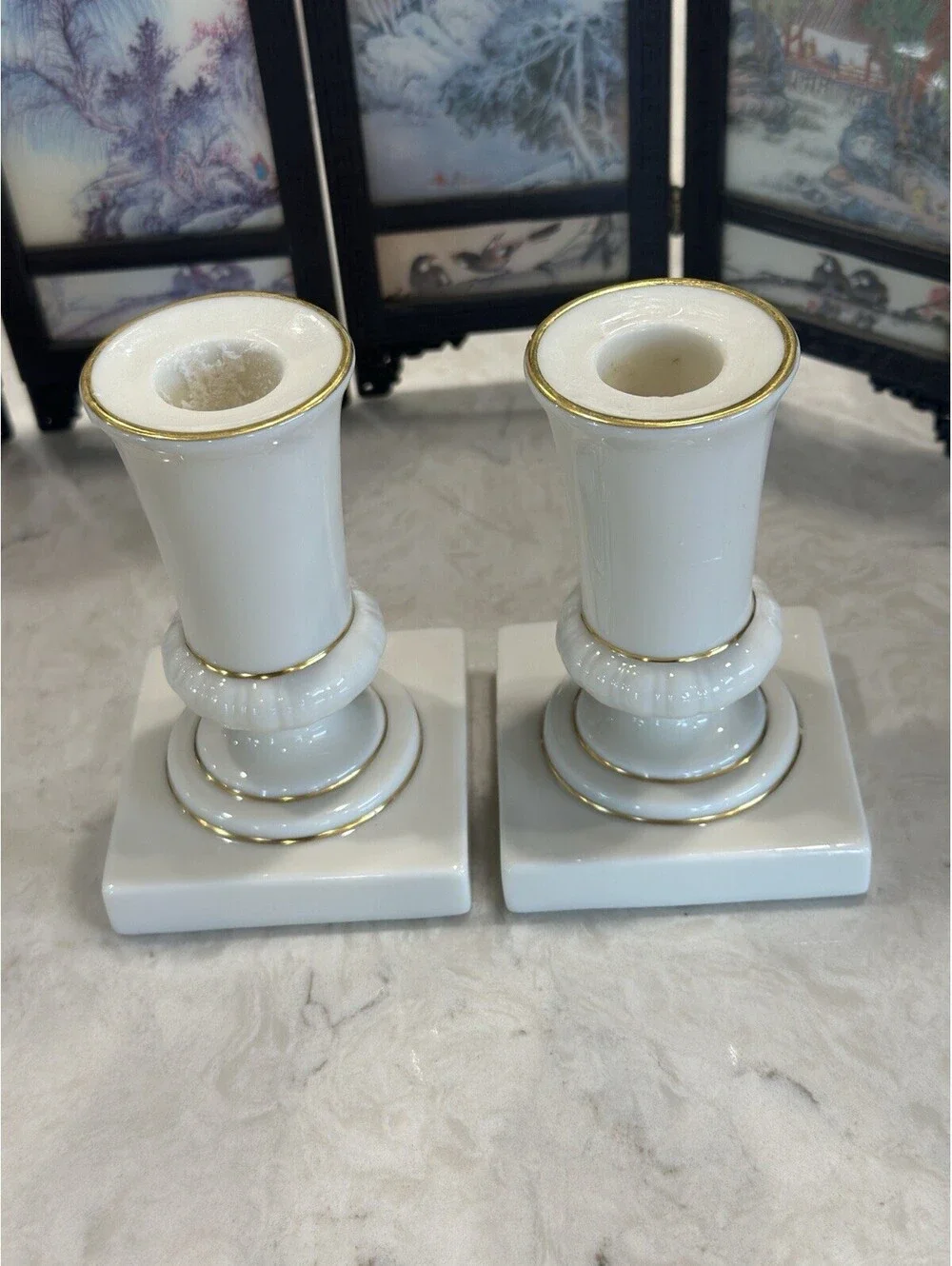 Beautiful vintage Lenox ivory porcelain candlestick holders with 24K gold trim,